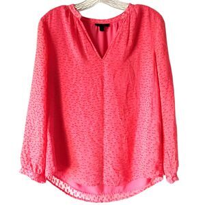 J Crew Blouse Coral Silk Split V Neck Boho Smock Popover Top Swiss Dot Flowy 2